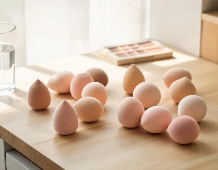 makeup blending beauty sponge wholesale on a cosmetics bench, illustration only