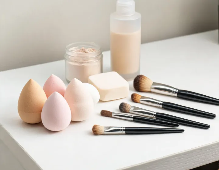 makeup sponge brush on a cosmetics bench, illustration only
