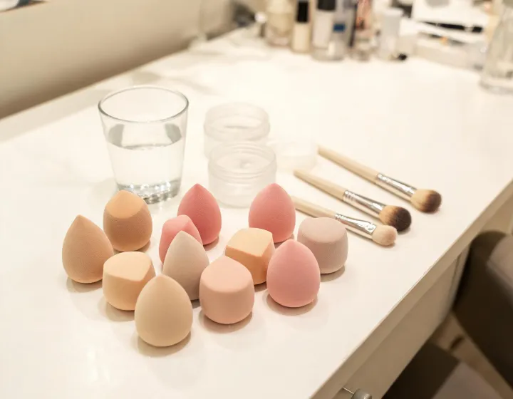 makeup blending beauty sponge set supplier on a cosmetics bench, illustration only